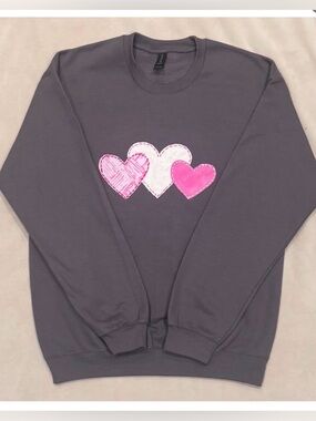 Grey Crew Neck with Pink and White Hearts